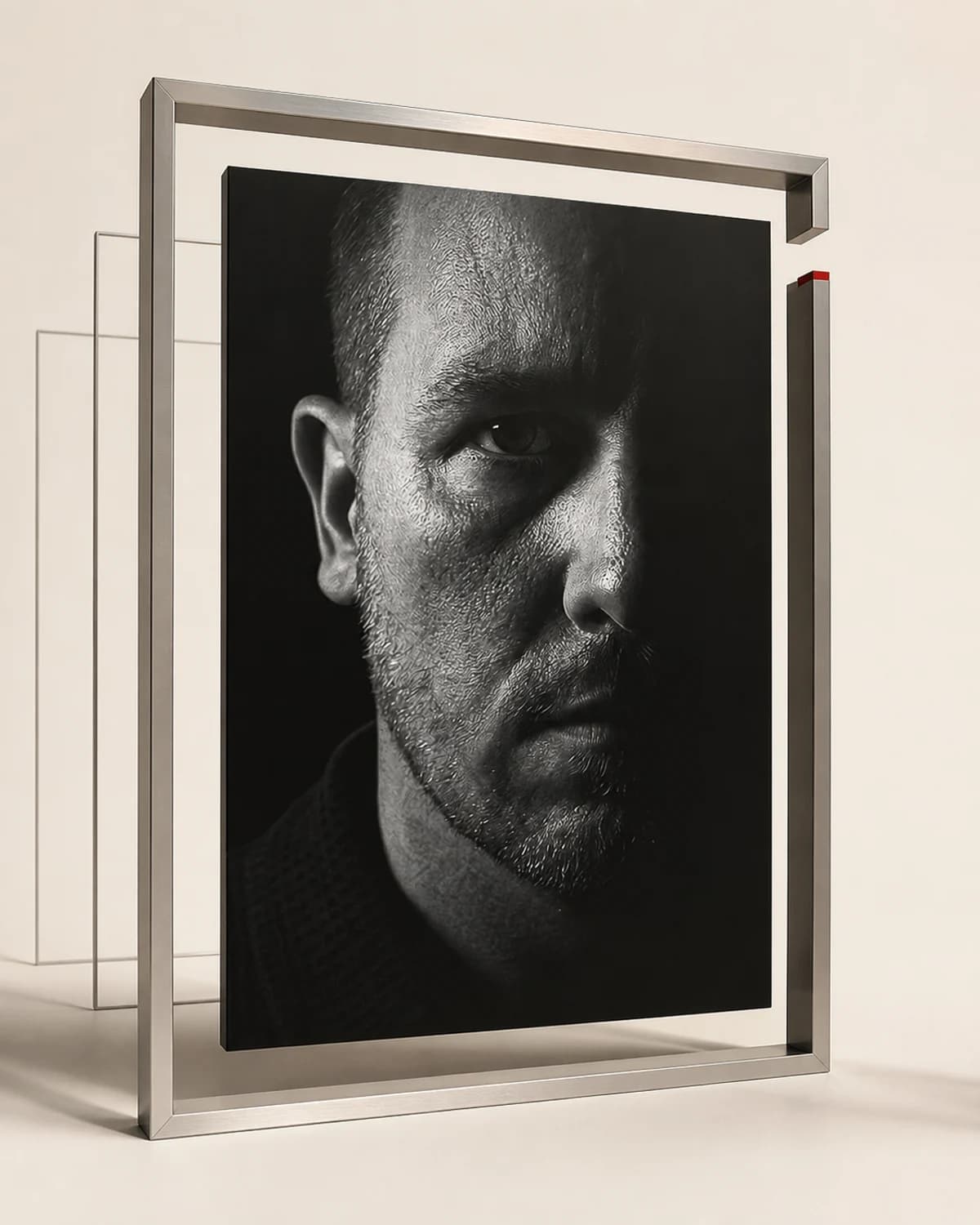 Thomas Haffner – sein Schwarz-Weiß-Porträt in einem räumlich inszenierten, offenen Aluminiumrahmen.