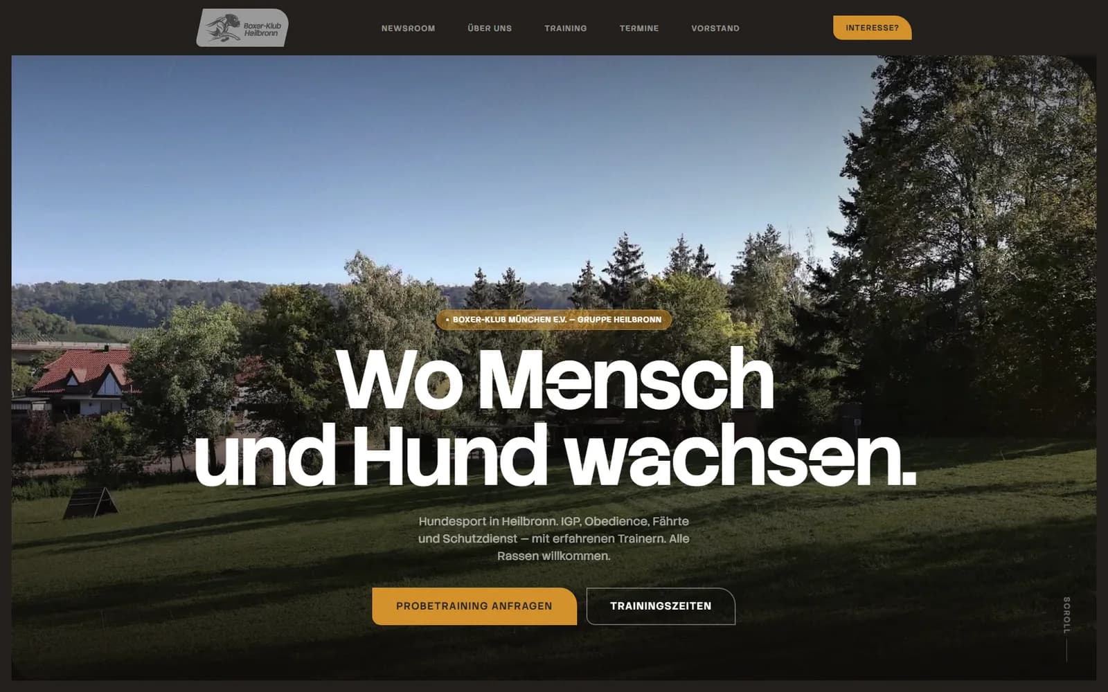 Startseite des Boxer-Klubs Heilbronn: der Trainingsplatz am Waldrand, darüber die Zeile Wo Mensch und Hund wachsen und zwei Schaltflächen zu Probetraining und Trainingszeiten.