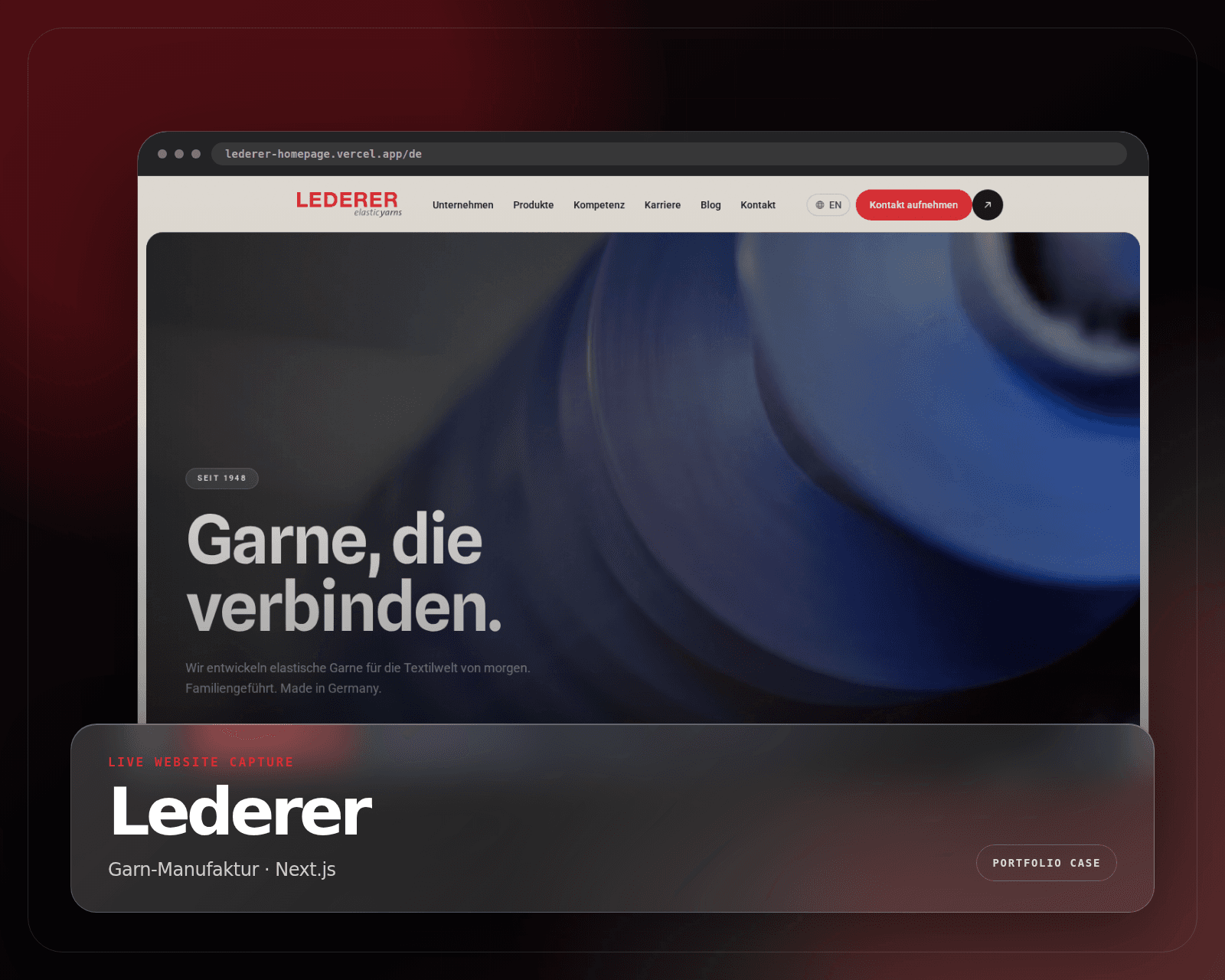 Modernes Portfolio-Cover mit echten Ausschnitten der Lederer-Homepage, Browser-Mockup und Garn-Manufaktur-Inhalten.
